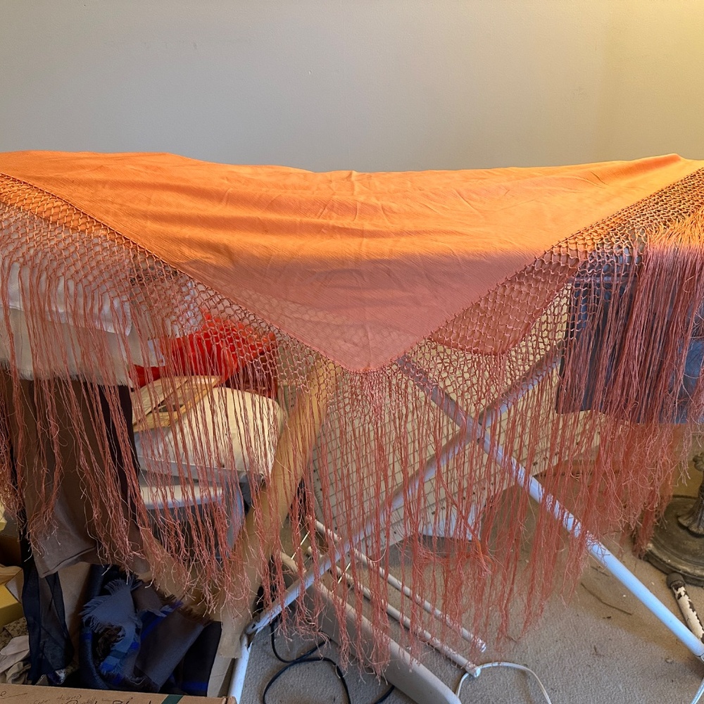 Vintage Piano Shawl Silk Coral Long Fringe Huge Square Shawl Wrap - Picture 7 of 10